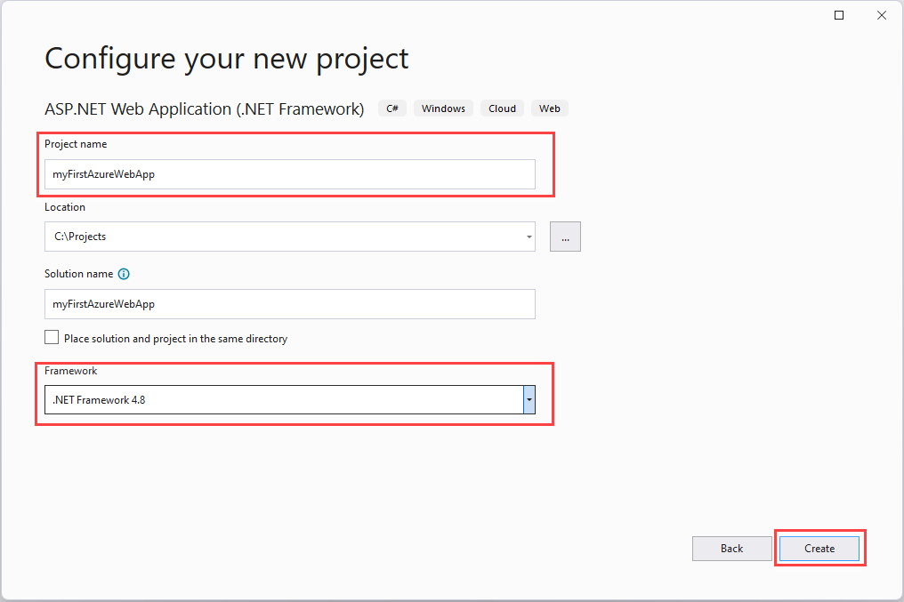 Screenshot of the Configure your web app project.